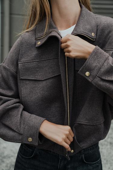 جاكيت بومبر بياقة مرتفعة - بني.فيجوريه الخاص بـ Zara