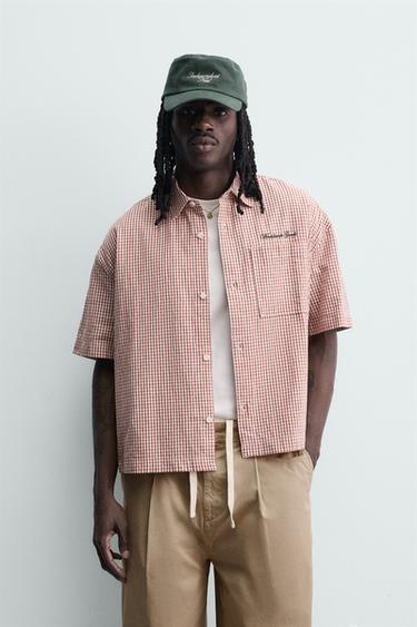 CAMISA BOXY FIT CUADROS BORDADO - Blanco / Rojo de Zara