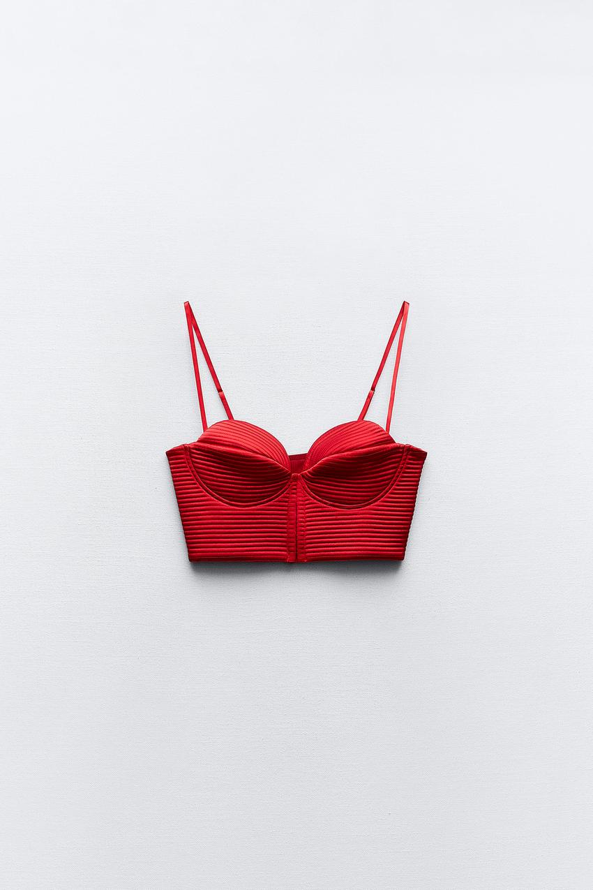 ZARA NEW WOMAN CROP STRAPPY SATIN CORSETRY-INSPIRED TOP RED XS-XXL