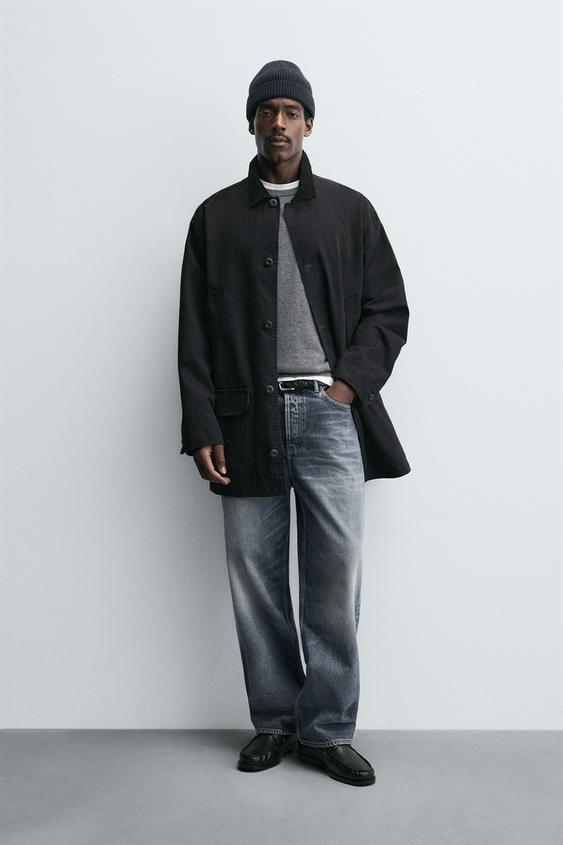 DENIM TRENCH COAT WITH CONTRASTING COLLAR