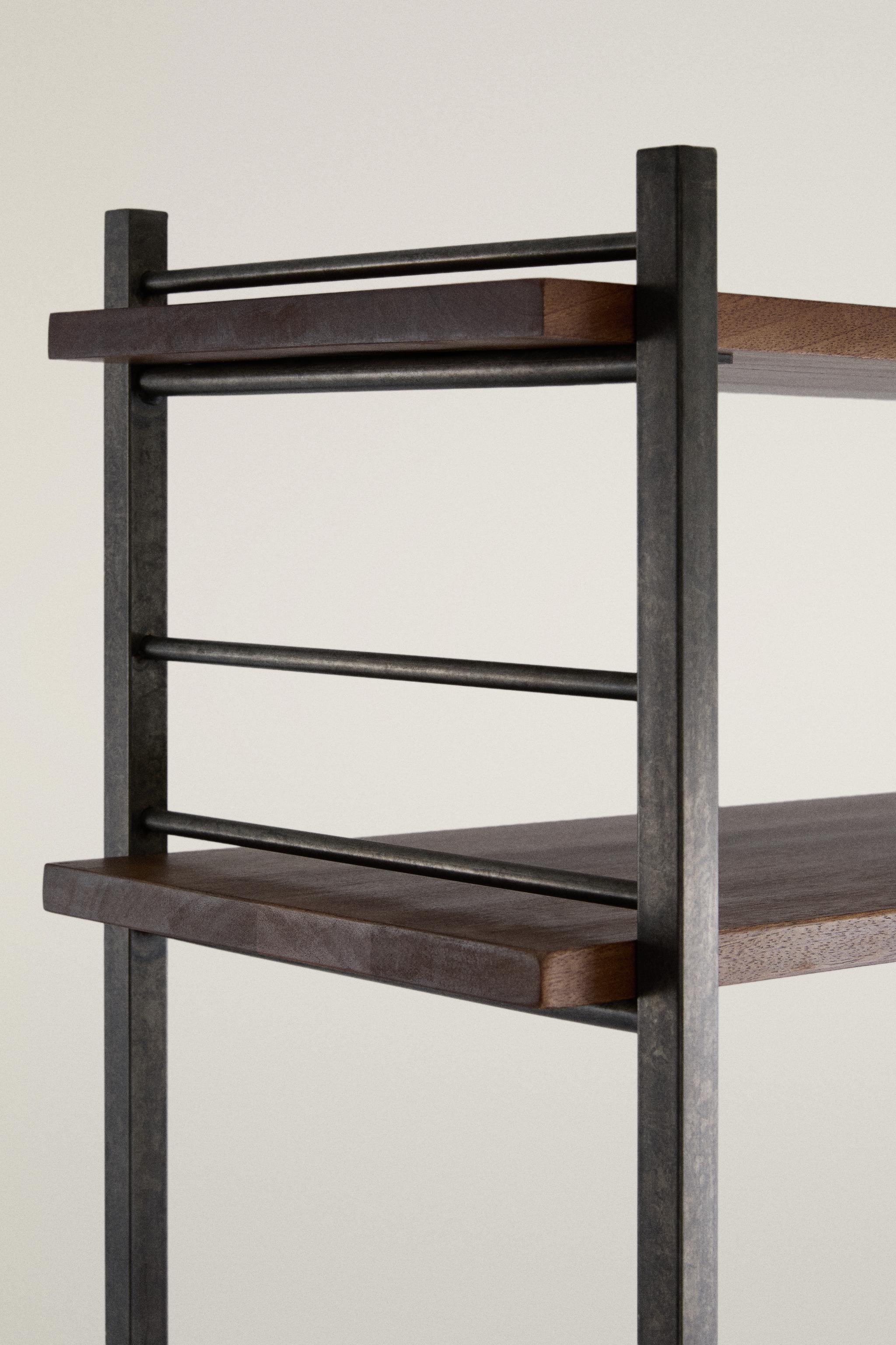 STAINLESS STEEL AND WOOD TALL SHELF UNIT