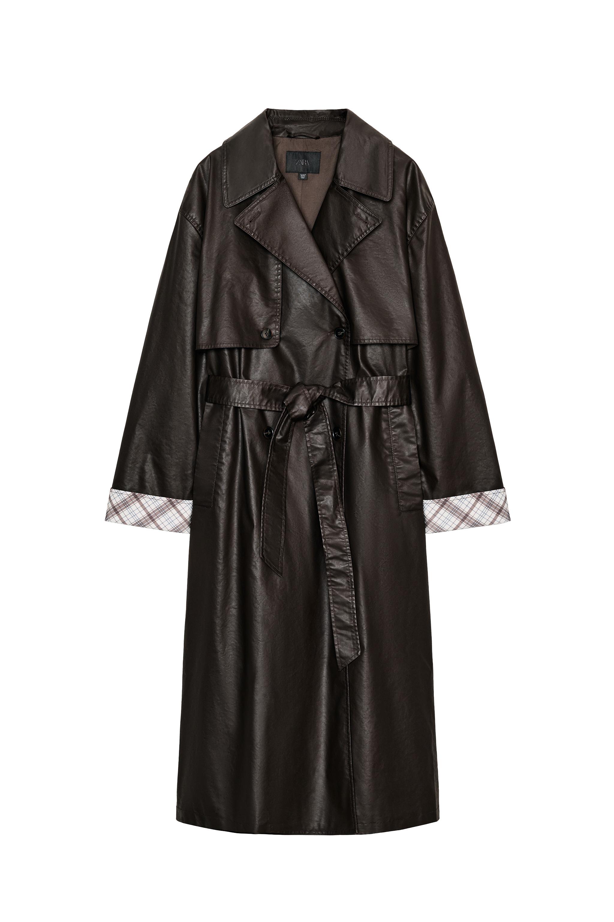 ワックスフィニッシュチェック柄ロングトレンチコート - ダーク