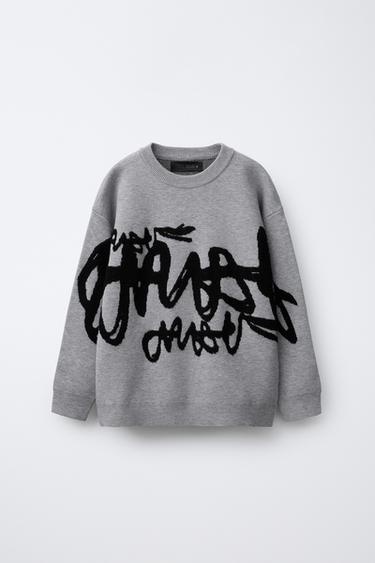Zara GRAFFITI KNIT SWEATER - Gray