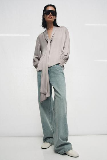 V-NECK BLOUSE WITH BOW ZW COLLECTION - Pearl grey by Zara