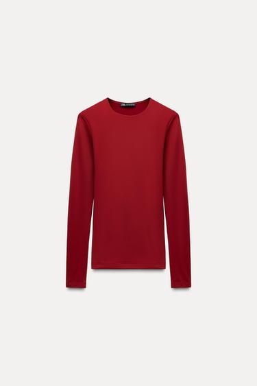 LONG SLEEVE POLYAMIDE T-SHIRT - Dark red by Zara