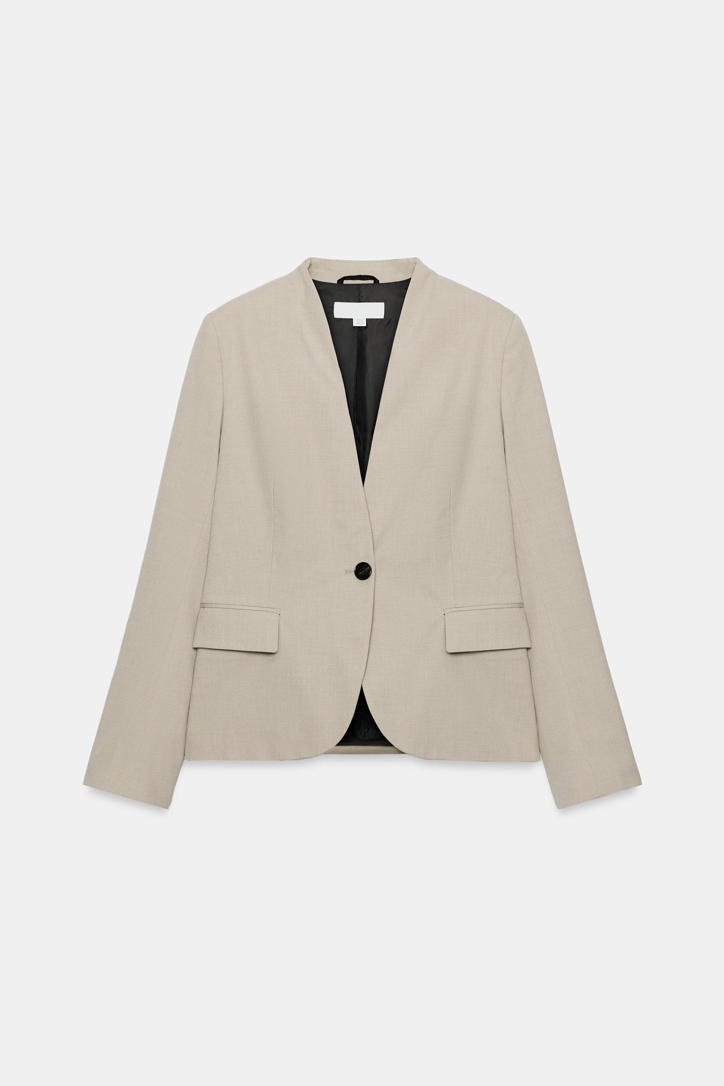 Женский пиджак Zara Fitted Shoulder-Pad Blazer, цвет: Песочный — фото 2
