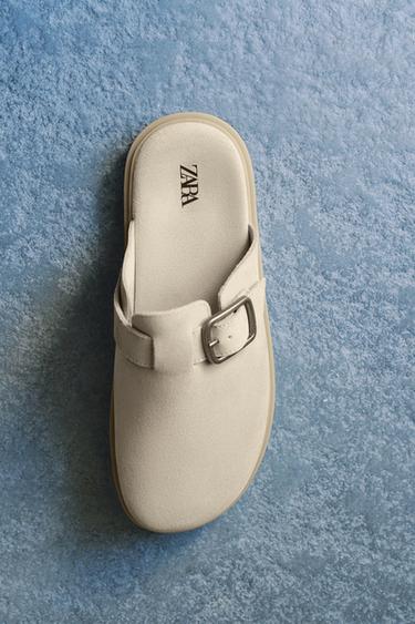 Zara 皮革搭扣木屐 - 米色