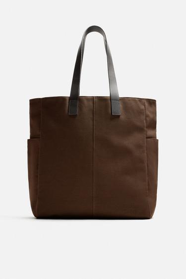 FABRIC AND LEATHER SHOPPER BAG - Brown by Zara