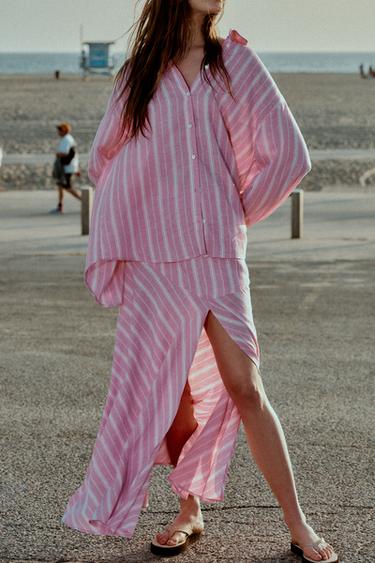 Zara OVERSIZED STRIPED LINEN SHIRT - Pink / White