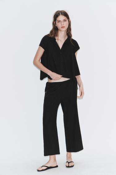 СВОБОДЕН ПАНТАЛОН ДО ГЛЕЗЕНА С ВРЪЗКИ - Черен от Zara