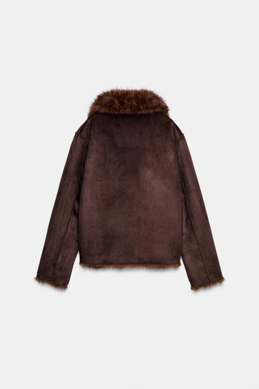 Zara REVERSIBLE DOUBLE FACED FAUX FUR JACKET - Dark brown