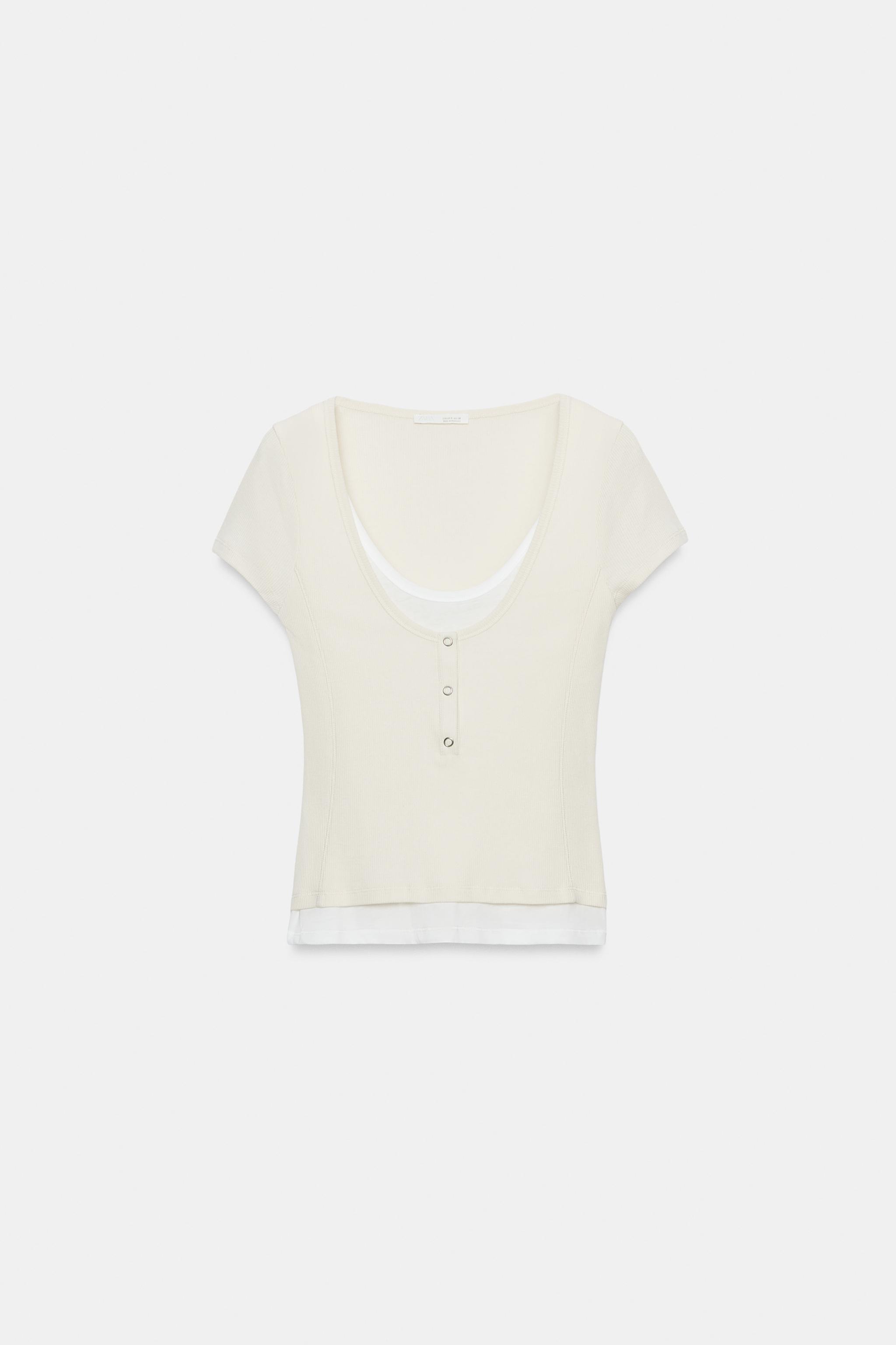 Женские футболки Zara LAYERED-EFFECT HENLEY T-SHIRT — фото 3