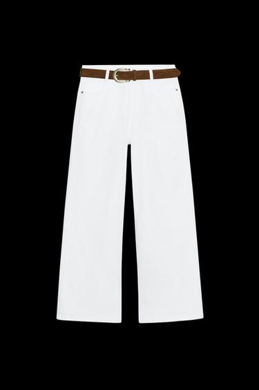 Zara Z1975 HIGH-WAISTED BELTED CULOTTE JEANS - White - Image 0