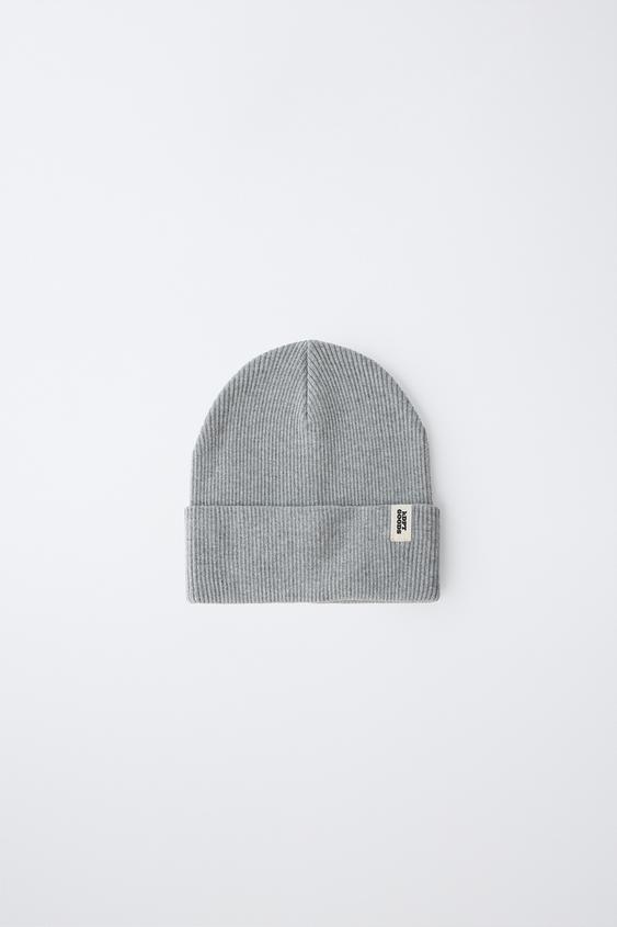 RIBBED KNIT BEANIE WITH LABEL - Grey by Zara - Image 0