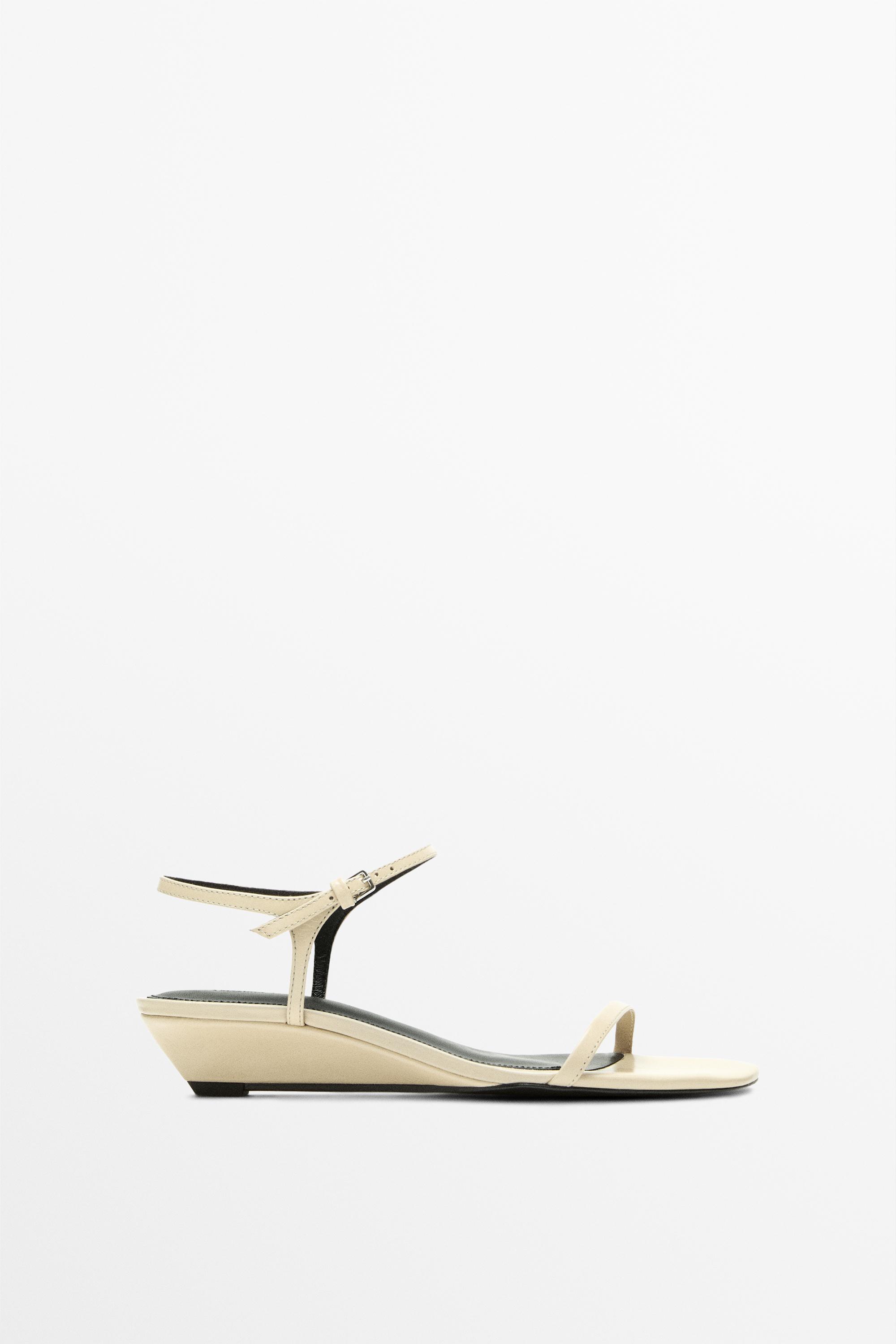 Strappy leather mid-wedge sandals — Cream White