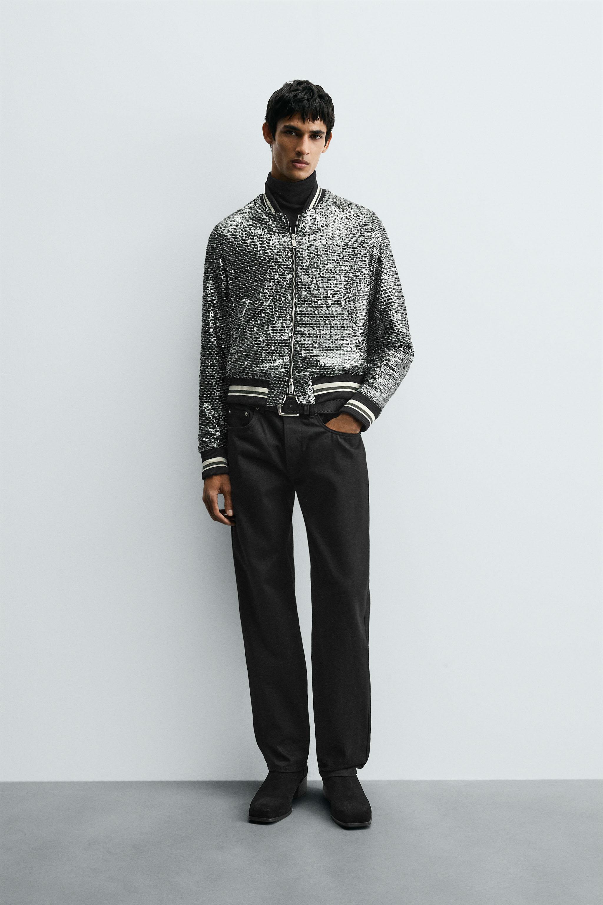 Sequin Jackets Silver Bomber Jacket Men SEQUIN BOMBER JACKET Black