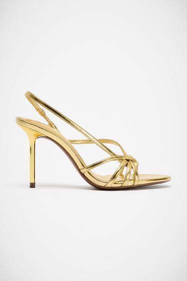 Zara LAMINATED STRAP HEELED SANDALS - Gold