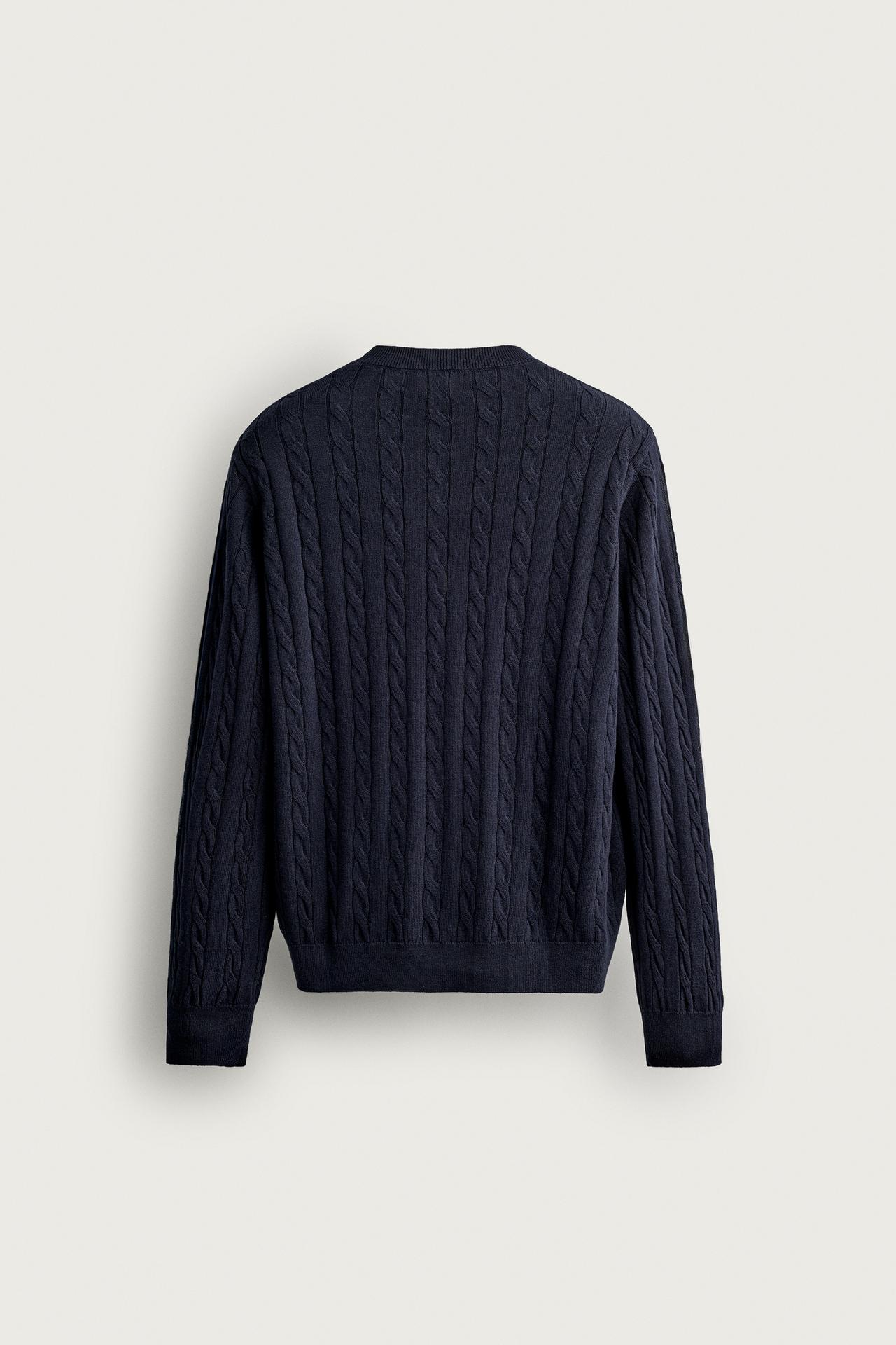 COTTON-WOOL CABLE KNIT SWEATER — Navy blue