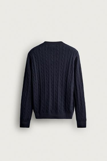 COTTON-WOOL CABLE KNIT SWEATER — Navy blue 2