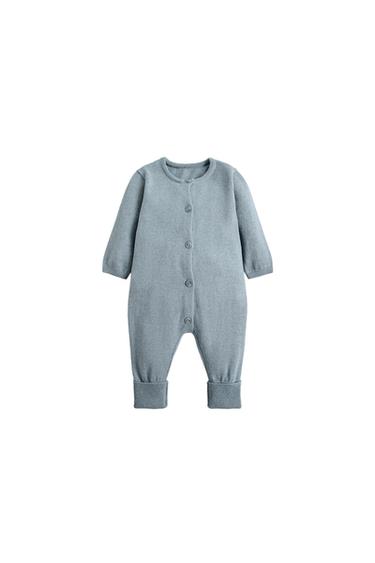 Front view of a grey babygrow with buttons and elasticated cuffs.