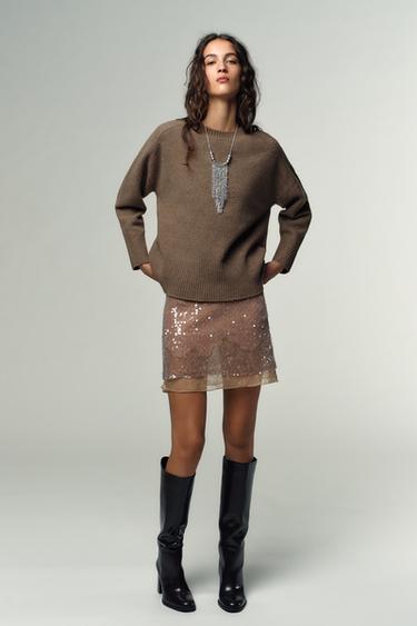 FALDA MINI LENTEJUELAS PUNTO ENCAJE - Visón de Zara