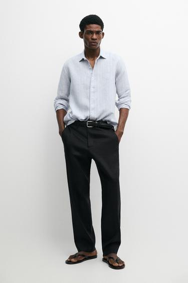 Zara 100% linen regular fit faded striped shirt - Blue - Image 0