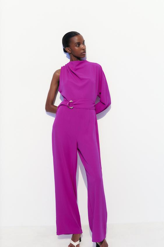 NWT Zara Women's Long Satin Effect Cobalt Blue Jumpsuit Size XS