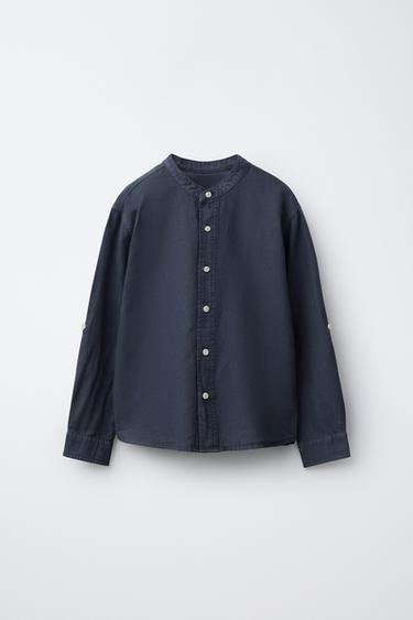 CHEMISE COL MAO AVEC LIN ET COTON - Bleu marine de Zara