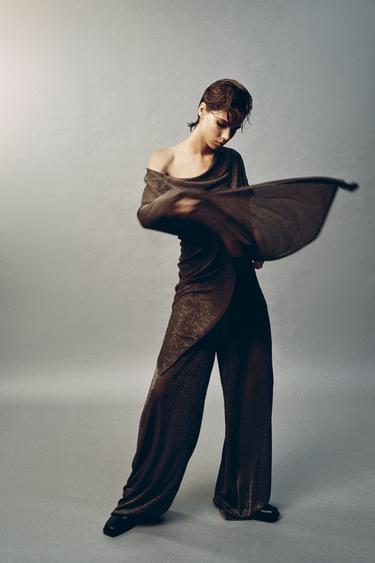 Zara METALLIC THREAD PALAZZO PANTS - Bronze