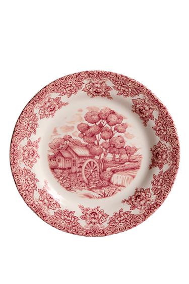 Zara EARTHENWARE DINNER PLATE WITH FLOWERS AND LANDSCAPE - Burgundy