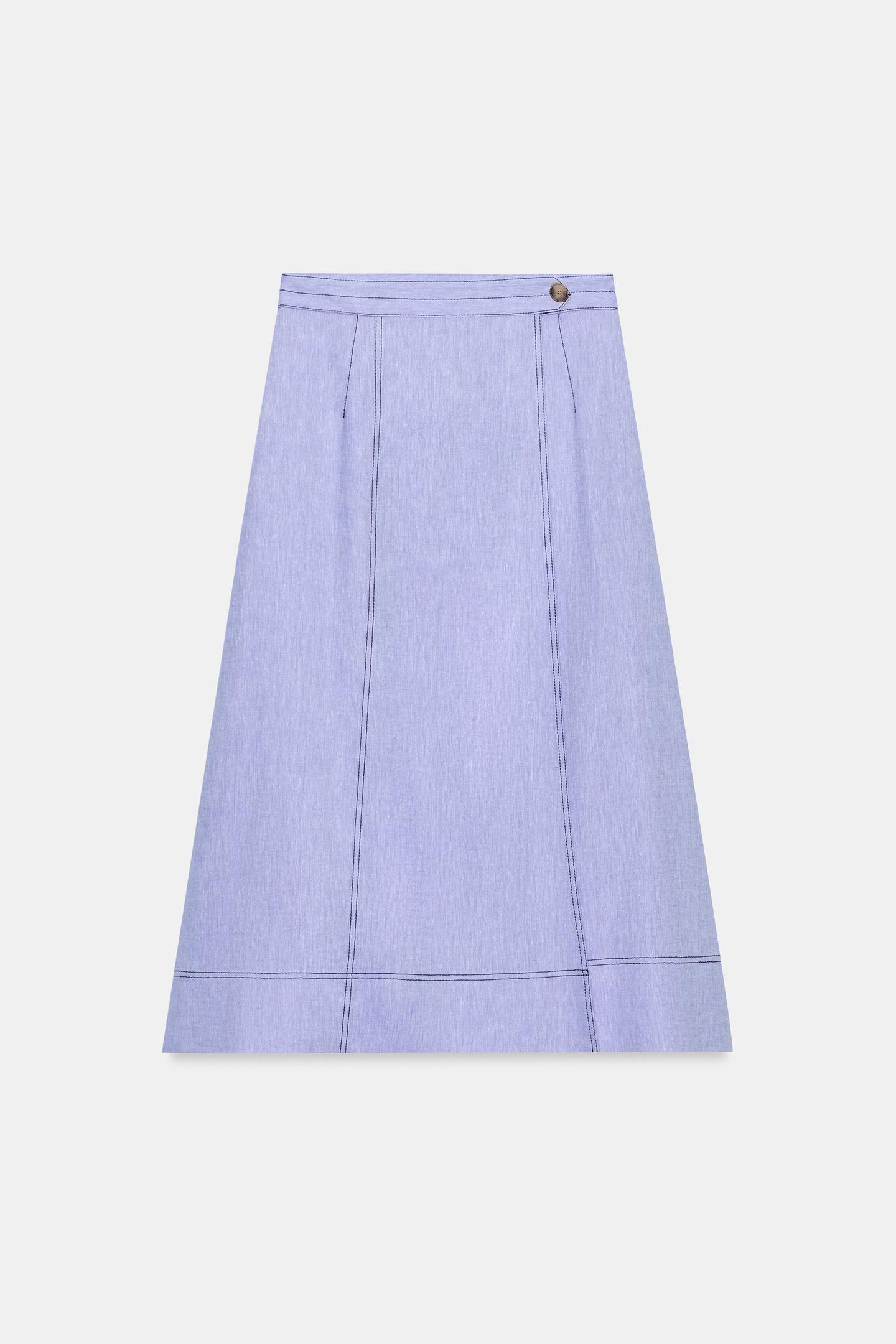 Женская юбка Zara Linen Wrap Skirt with Topstitching, цвет: Светлый синий