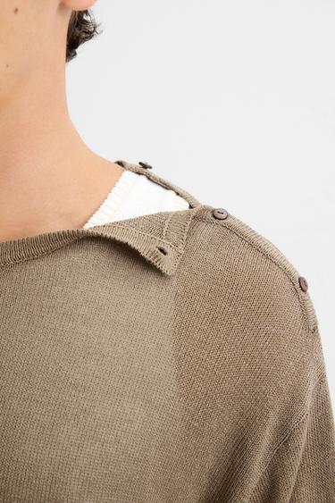 BUTTON-UP KNIT T-SHIRT - Dark beige by Zara - Image 4