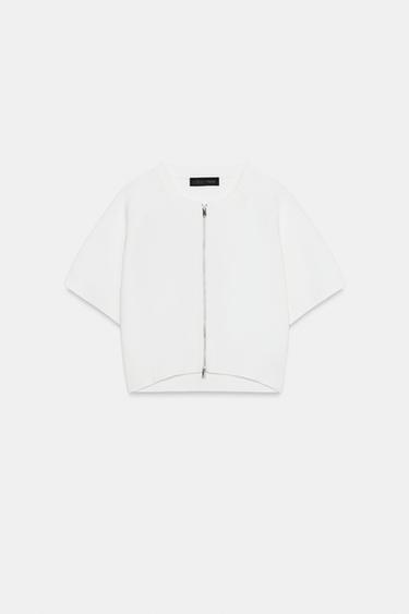 Zara CROPPED KNIT JACKET WITH ZIPPER - White
