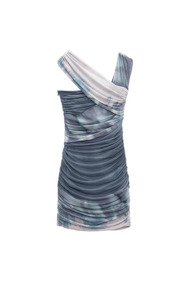 PRINTED TULLE ASYMMETRIC DRESS