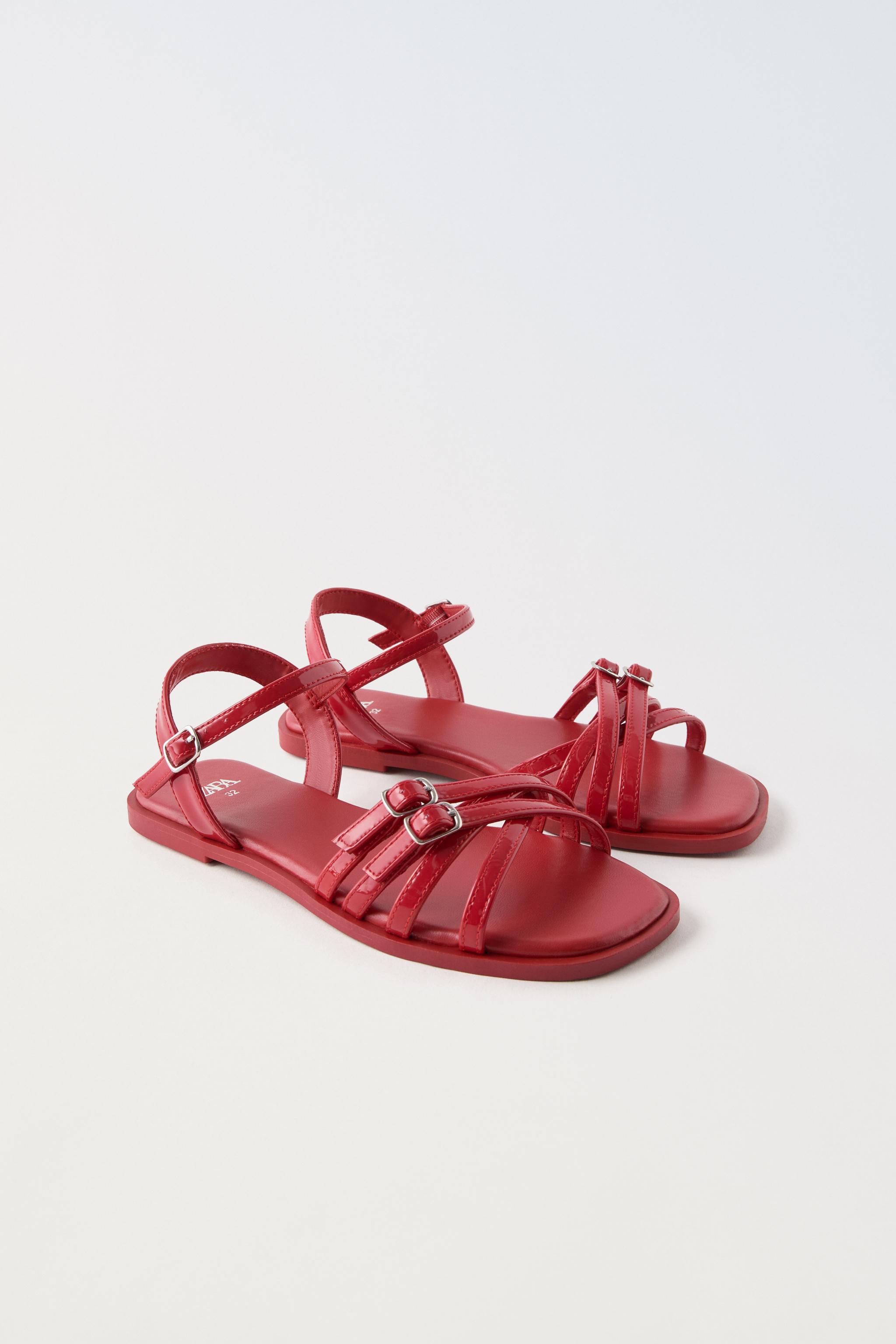 PATENT LEATHER FINISH STRAPPY SANDALS - Red | ZARA United States