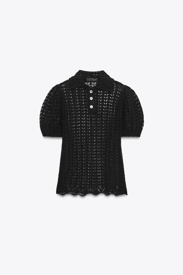 TOP EN MAILLE POINTELLE COL POLO - Noir de Zara - Image 5