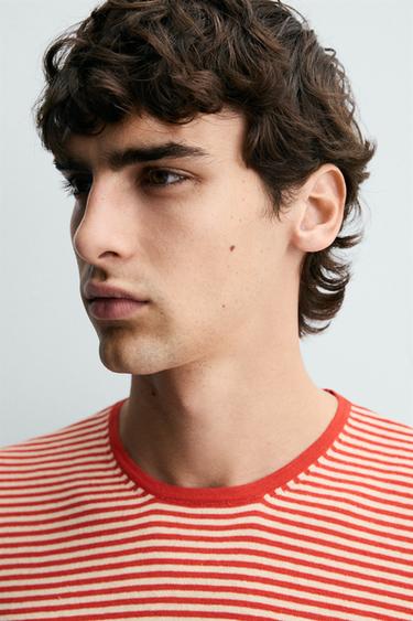 REGULAR FIT STRIPED KNIT T-SHIRT - White / Red by Zara - Image 4