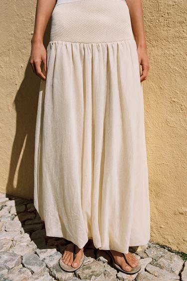 Zara COMBINED KNIT BALLOON SKIRT - Ecru