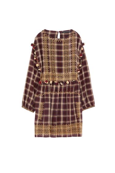 CHECKED DRESS WITH POMPOMS