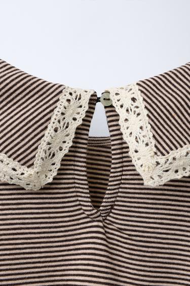 STRIPED T-SHIRT WITH PETER PAN COLLAR AND LACE TRIM - striped by Zara - Image 2