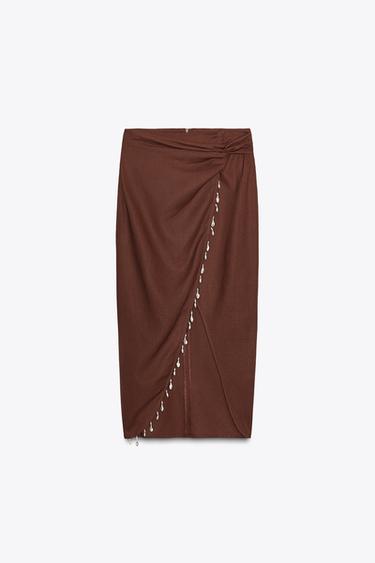 MIDI SKIRT WITH LINEN BLEND AND SHELLS - Terracotta by Zara
