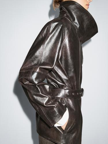 Zara Nappa leather jacket with belt - Brown - Image 0