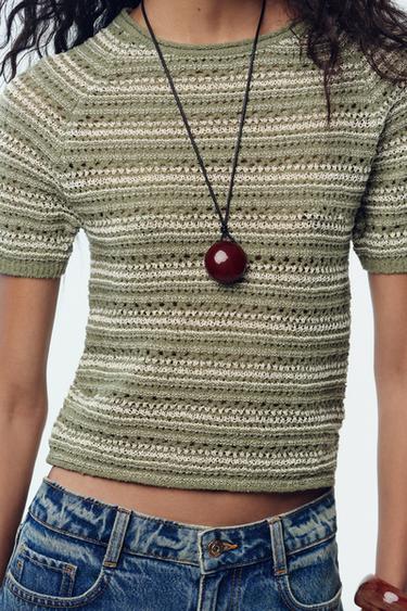 STRIPED TEXTURED KNIT SHORT SLEEVE TOP - Green / Ecru by Zara - Image 2