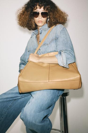 Zara LARGE LEATHER TOPSTITCHED SHOPPER - taupe brown