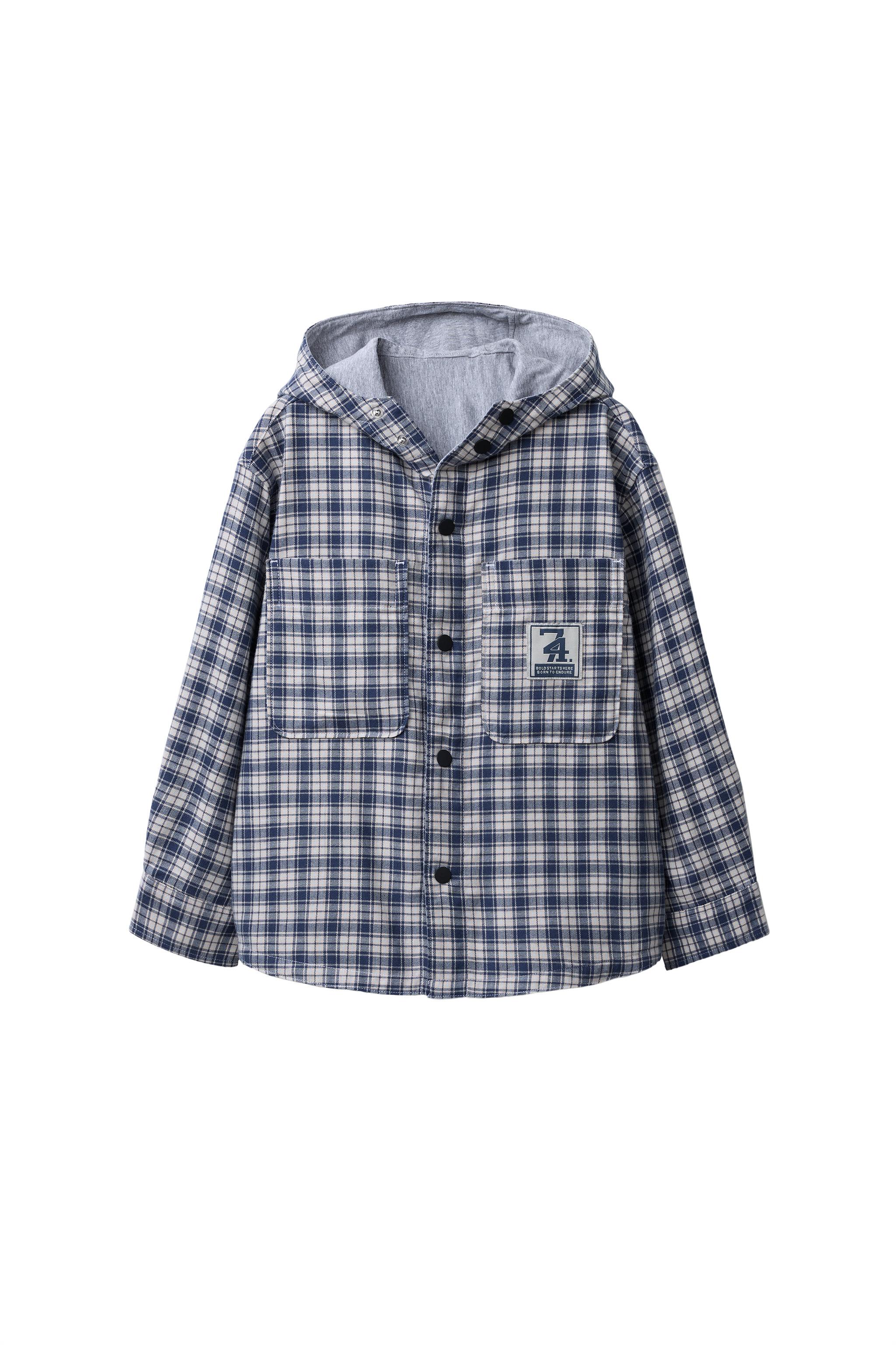 フード付きチェック柄シャツジャケット - ブルー | ZARA Japan / 日本