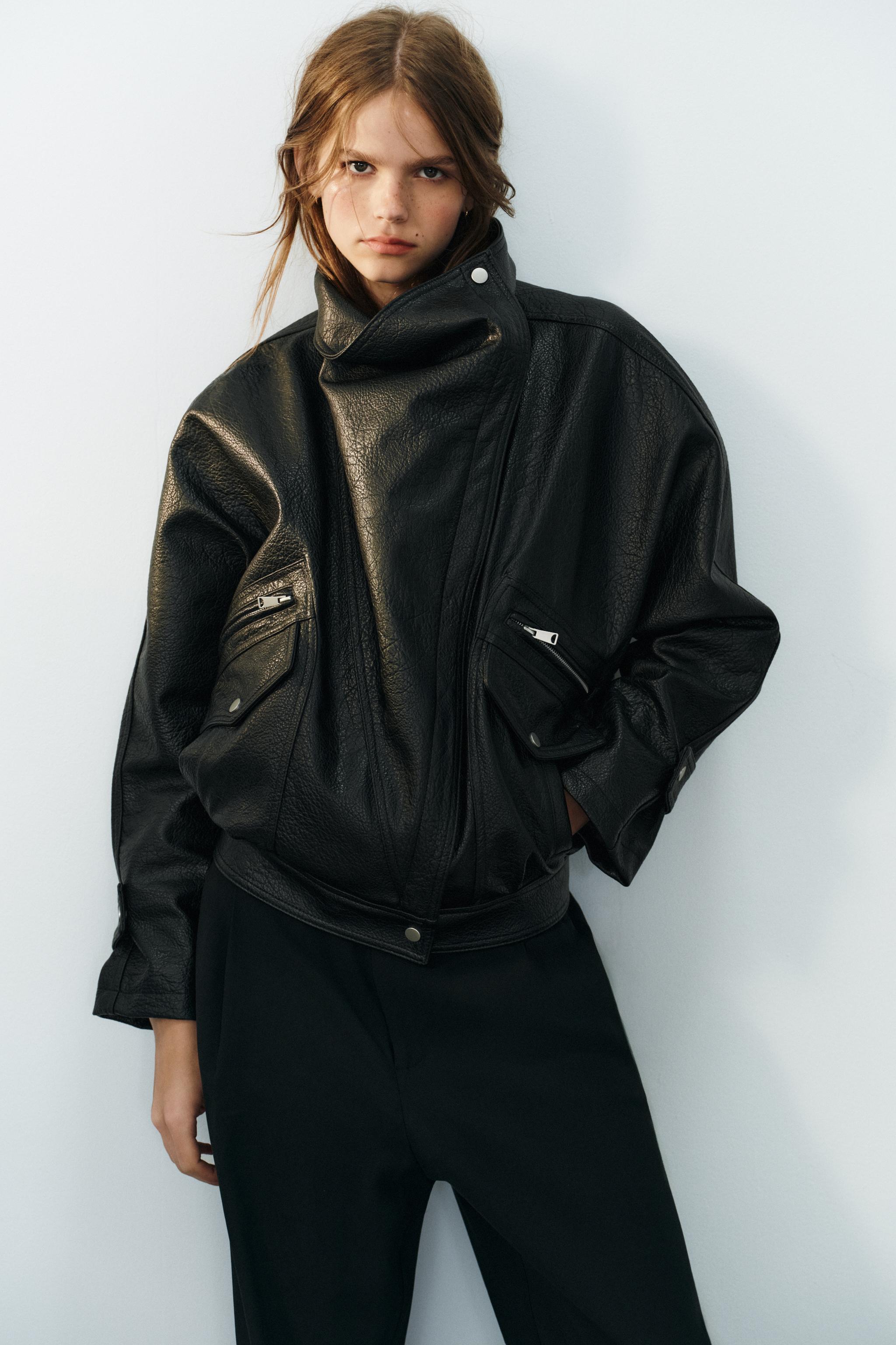LEATHER EFFECT BIKER JACKET — Black