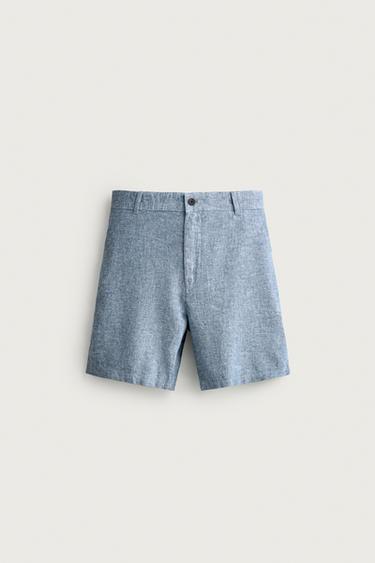Zara REGULAR FIT TEXTURED SHORTS - Blue / White