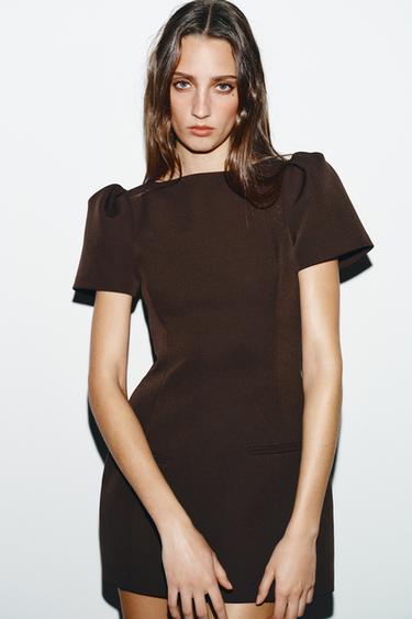 SHORT DRESS WITH PLEATS AND POCKETS - Brown by Zara