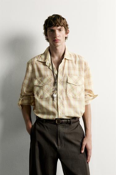 Zara 格紋口袋休閒版襯衫 - 沙色