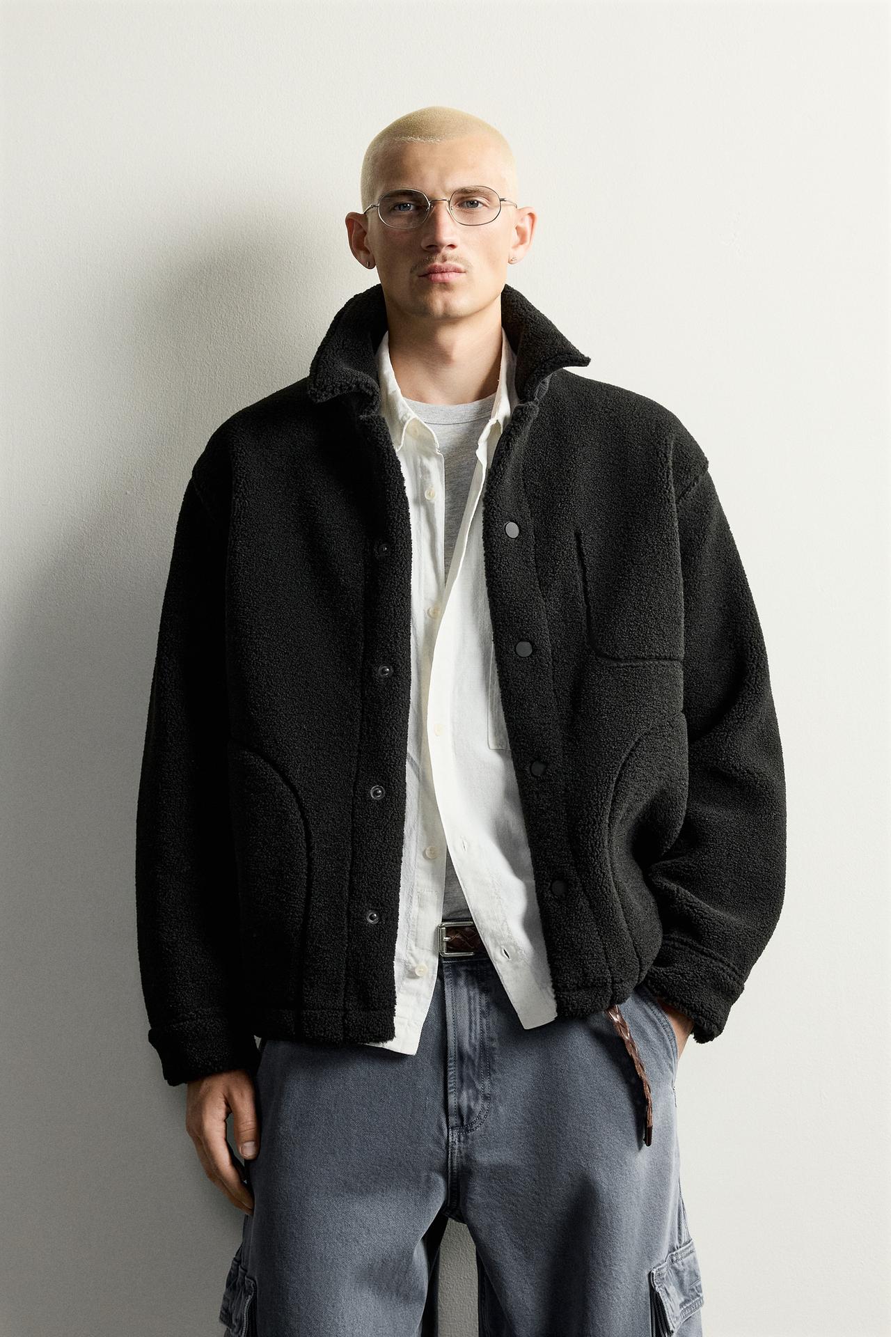 SHERPA-EFFECT POCKET OVERSHIRT — Black